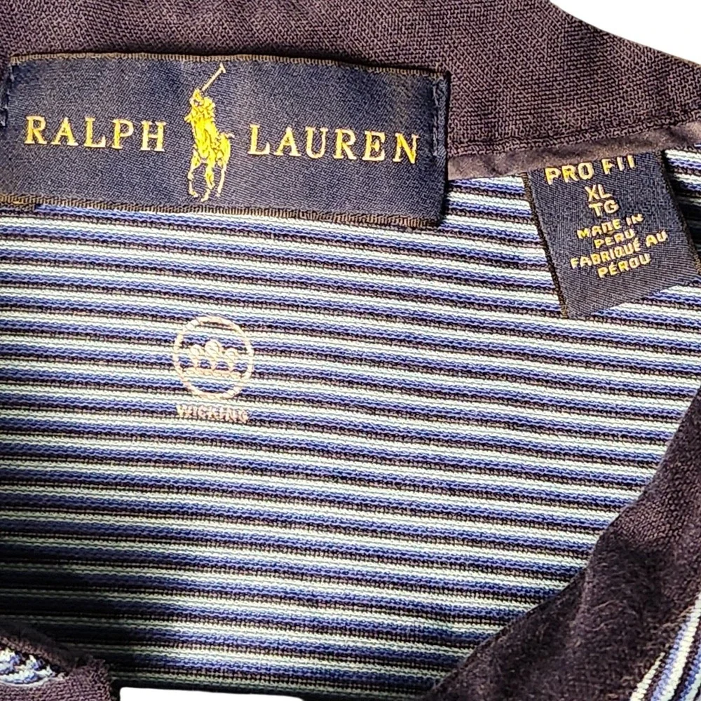Ralph Lauren Polo Shirt Men XL Blue Striped Exclt Pro Fit Wicking Short Sleeve